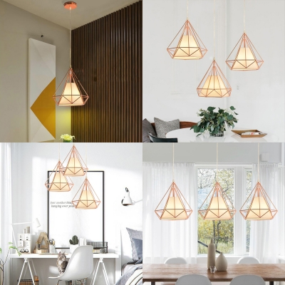 Metal Diamond Cage Ceiling Lamp Living Room Single Light Industrial Pendant Light in Rose Gold