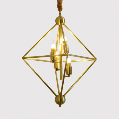 Metal Flameless Candle Chandelier with Square Shade Bedroom 4 Lights Traditional Suspension Light in Brass