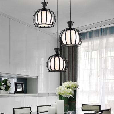 Metal Melon Cage Pendant Lamp Living Room 3 Lights Industrial Hanging Light in Black/White