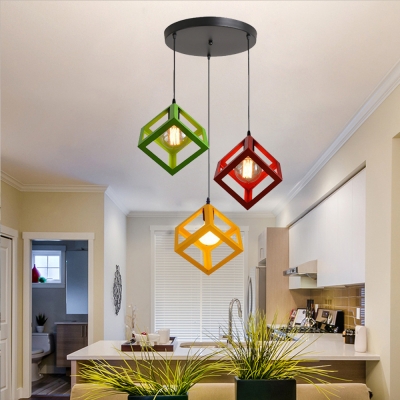 Metal Square Cage Ceiling Light Dining Room Kitchen 3 Lights Industrial Hanging Light