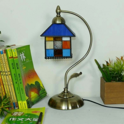 Multi-Color House Night Light 1 Head Classic Tiffany Glass Desk Light with Plug-In Cord for Kid Bedroom