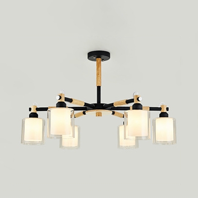 Nordic Style Black/White Chandelier Cylinder 6 Lights Wood Glass Hanging Light for Restaurant