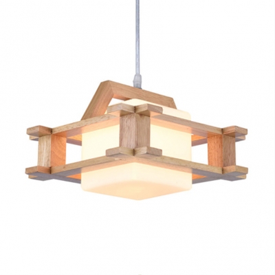One Light Cube Pendant Light Contemporary Wood Frosted Glass Hanging Lamp in White for Stair