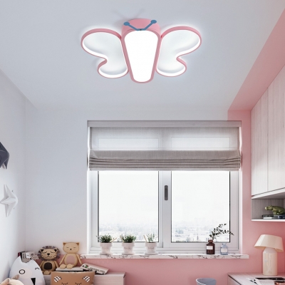 Pink Butterfly Ceiling Lamp Cartoon Metal LED Flush Mount Light in Warm/White for Girls Bedroom