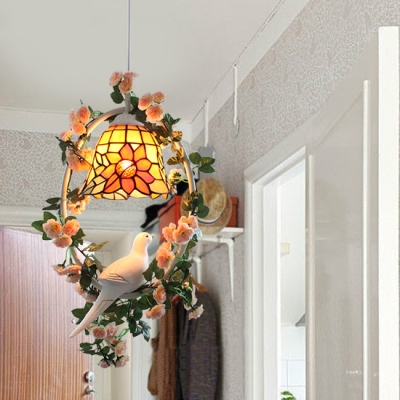 Plant & Pigeon Pendant Light Restaurant 1 Light Rustic Style Hanging Light with Grid/Sunflower Shade