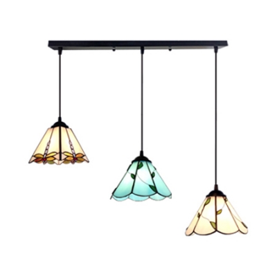 Rustic Linear/Round Canopy Pendant Light Stained Glass 3 Lights Ceiling Lamp for Living Room
