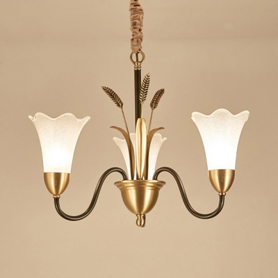 Rustic Style Brass Pendant Light Flower Shade 3 Lights Frosted Glass Chandelier with Leaf for Bedroom