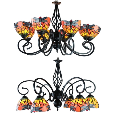 Rustic Style Dragonfly Chandelier 6/8 Lights Stained Glass Ceiling Light for Living Room