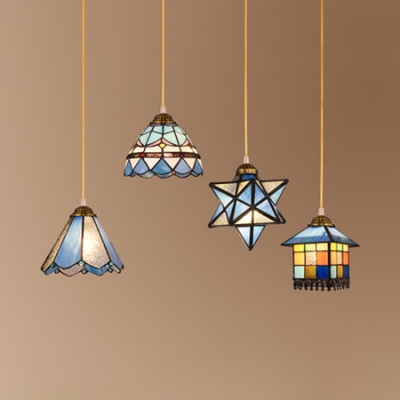 Shop Multi-Color Pendant Light Stained Glass 4 Lights Tiffany Vintage Hanging Light with Brass Linear Canopy