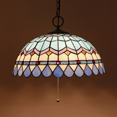Stained Glass Bowl Pendant Lamp with Pull Chain 16 Inch Vintage Style Hanging Light for Bar