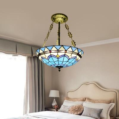 Stained Glass Dome Hanging Light Tiffany Style Nautical Chandelier in Blue for Bedroom