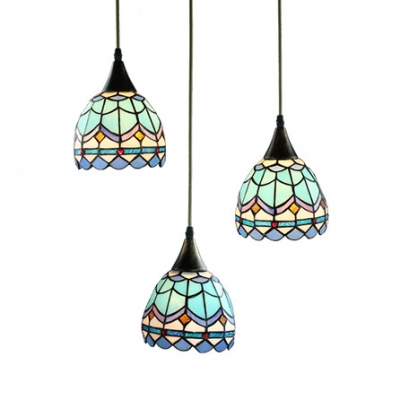 Stained Glass Dome Pendant Light Living Room 3 Lights Tiffany Rustic Ceiling Pendant with Aged Brass Canopy