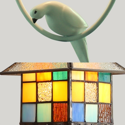 Stained Glass Grid House Pendant Light with Pigeon Balcony 2 Lights Tiffany Vintage Island Light