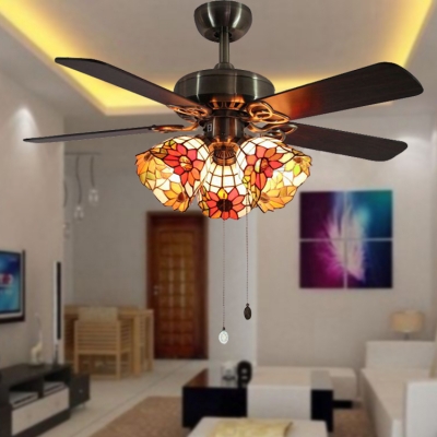 Tiffany Remote Control LED Ceiling Fan 3 Heads Metal Semi Ceiling Mount Light for Living Room