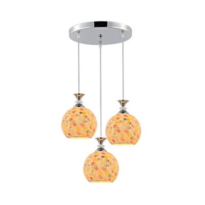 Tiffany Style Beige Pendant Light Sphere Shade 3 Lights Stained Glass Suspension Light for Foyer