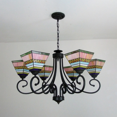 Tiffany Style Craftsman Chandelier 6 Lights Stained Glass Pendant Light in Orange/Pink for Cafe