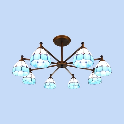 Tiffany Style Dome Ceiling Light 8 Lights Glass Chandelier in Blue/Orange/Yellow for Living Room