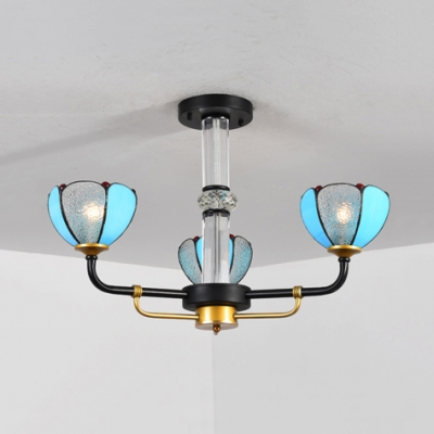 Tiffany Style Dome Chandelier 3 Lights Glass Metal Pendant Light in Blue for Hallway