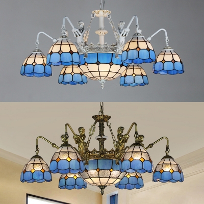 Tiffany Style Dome Chandelier Stained Glass 8 Lights Aged Brass/White Pendant Lamp for Dining Room