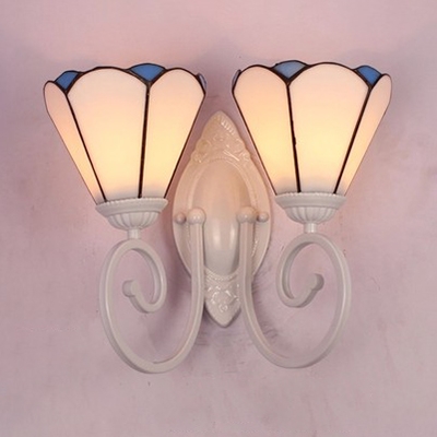 Tiffany Style Sconce Light Cone Shade 2 Lights Blue/White Glass Wall Lamp for Bedroom Stair