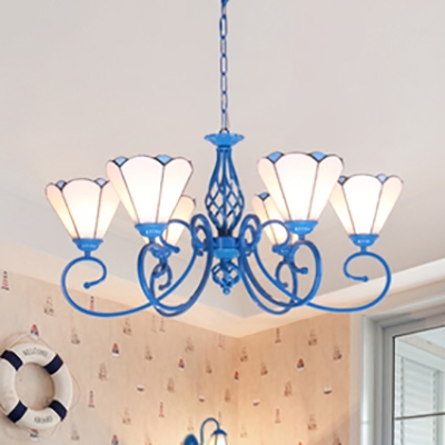 Traditional Cone Shade Hanging Light 6 Lights Glass Metal Chandelier in Blue/White for Dining Room