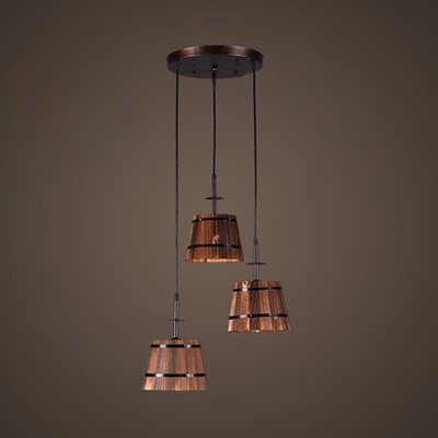 Vintage Barrel Pendant Light with Linear/Round Canopy 3 Lights Wood Hanging Light in Brown for Bar