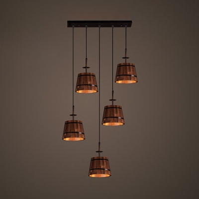 Vintage Brown Pendant Lamp Barrel 5 Lights Wood Suspension Light with Linear/Round Canopy for Bar