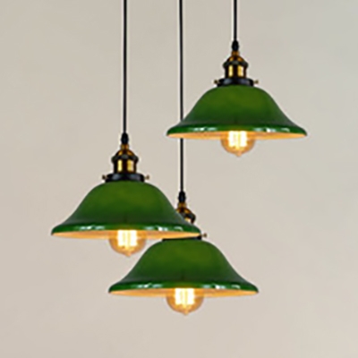 Vintage Style Bell Shade Pendant Light Glass 3 Lights Green Hanging Lamp with Linear/Round Canopy for Bedroom