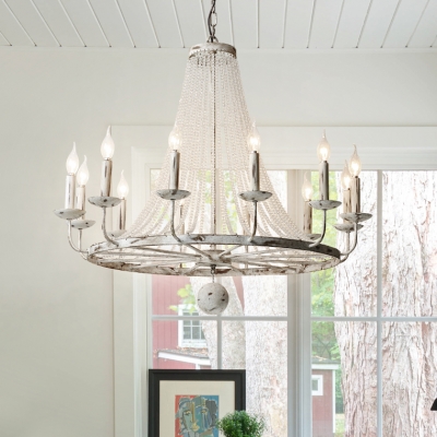 White Candle Shape Chandelier 5/6/8/12 Lights American Rustic Metal and Clear Crystal Beads Pendant Lighting for Living Room