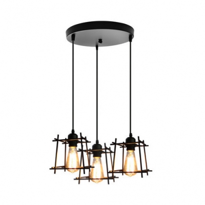 Wire Frame Pendant Light with Round Canopy 3 Lights Industrial Hanging Light in Black/White