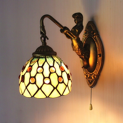 1 Light Dome Wall Sconce Tiffany Style Glass Wall Light with Pull Chain & Mermaid for Living Room