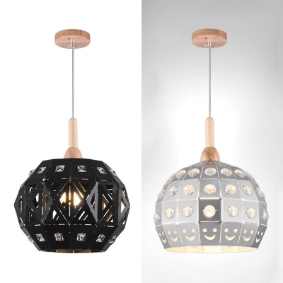 1 Light Orb Hanging Light Industrial Metal Suspension Light with Clear Crystal in Black/Silver for Shop