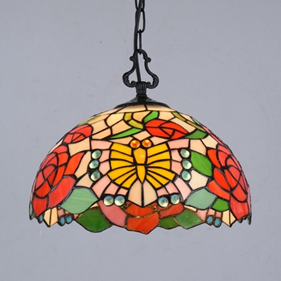 1 Light Rose/Leaf/Tulip Pendant Lamp Tiffany Vintage Stained Glass Ceiling Light for Bedroom