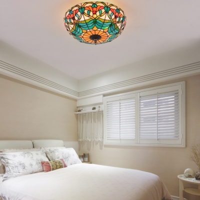 16 Inch Bowl Shade Ceiling Light Traditional Stained Glass Semi Flushmount Light for Study Room