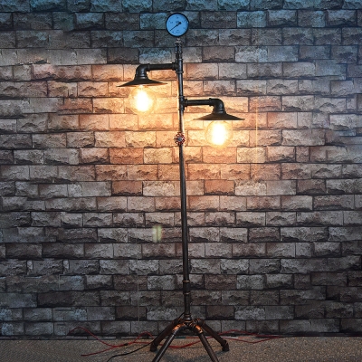 2 Heads Saucer Shade Floor Lamp with Water Pipe Industrial Metal Floor Lamp for Dining Room