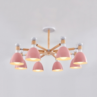 3/6/8 Lights Dome Pendant Light Macaron Loft Wood Chandelier in Gray/Green/Pink for Living Room