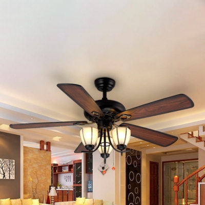3 Lights Bowl Ceiling Fan Vintage Glass Semi Ceiling Mount Light with Pull Chain for Bedroom