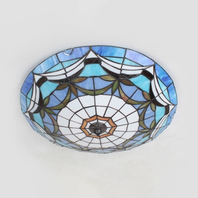 4 Heads Bowl Flush Ceiling Light Rustic Stylish Stained Glass Ceiling Lamp in Blue/Pink for Study Room