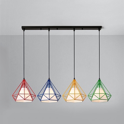 4 Lights Diamond Caged Island Light Vintage Style Fabric Metal Pendant Lamp for Dining Room