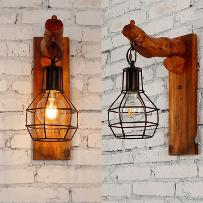 Metal Bulb Cage Wall Light 1 Light Antique Style Hanging Wall Lamp in Brown for Restaurant