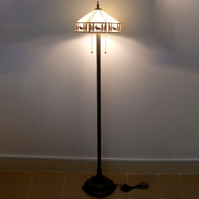 3 Heads Lodge Floor Light with Deer American Rustic Glass Floor Lamp in Beige for Living Room
