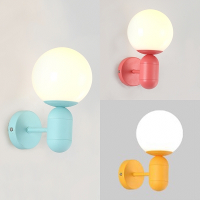Orb Shade Child Bedroom Wall Light Frosted Glass 1 Light Macaron Loft Sconce Light in Blue/Pink/Yellow