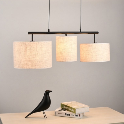American Rustic Drum Island Light 3 Lights Fabric Suspension Light in Beige for Study Room
