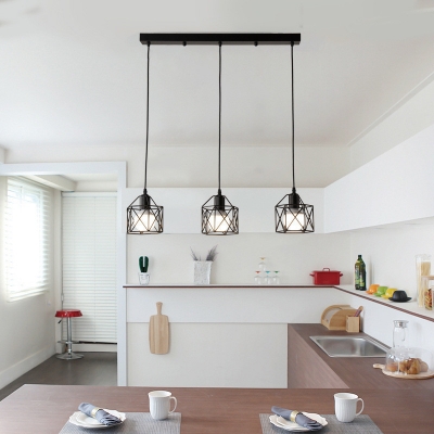 Antique Wire Frame Hanging Light with Linear/Round Canopy Metal 3 Lights Black Island Pendant for Kitchen