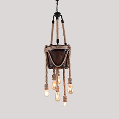 Bare Bulb Cloth Shop Chandelier Wood 6 Heads Rustic Style Ceiling Pendant with Bucket in Brown