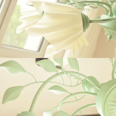 Beautiful Green Ceiling Light Flower Shade 9 Lights Frosted Glass Chandelier with Leaf for Restaurant