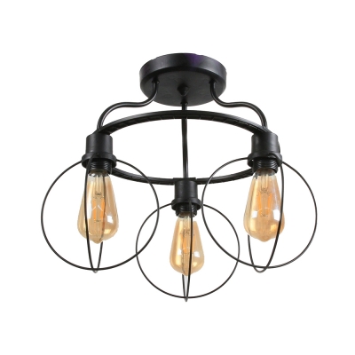 Black Round Semi Flush Light with Cage 2/3/4 Lights Industrial Metal Ceiling Fixture for Villa