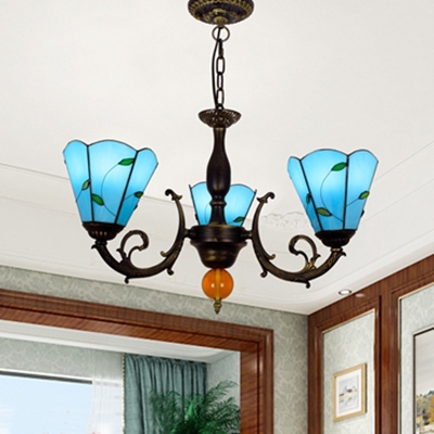 Blue Cone Shade Chandelier 3 Lights Rustic Style Glass Hanging Lamp with Leaf for Bedroom