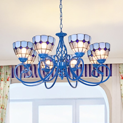 Blue Dome Shade Chandelier 6/8 Lights Mediterranean Style Glass Pendant Light for Dining Room