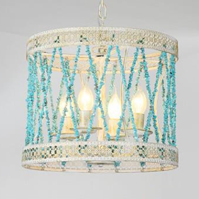 Blue Drum Shade Hanging Lamp 4/6 Lights Nordic Style Little Stone Chandelier for Bedroom